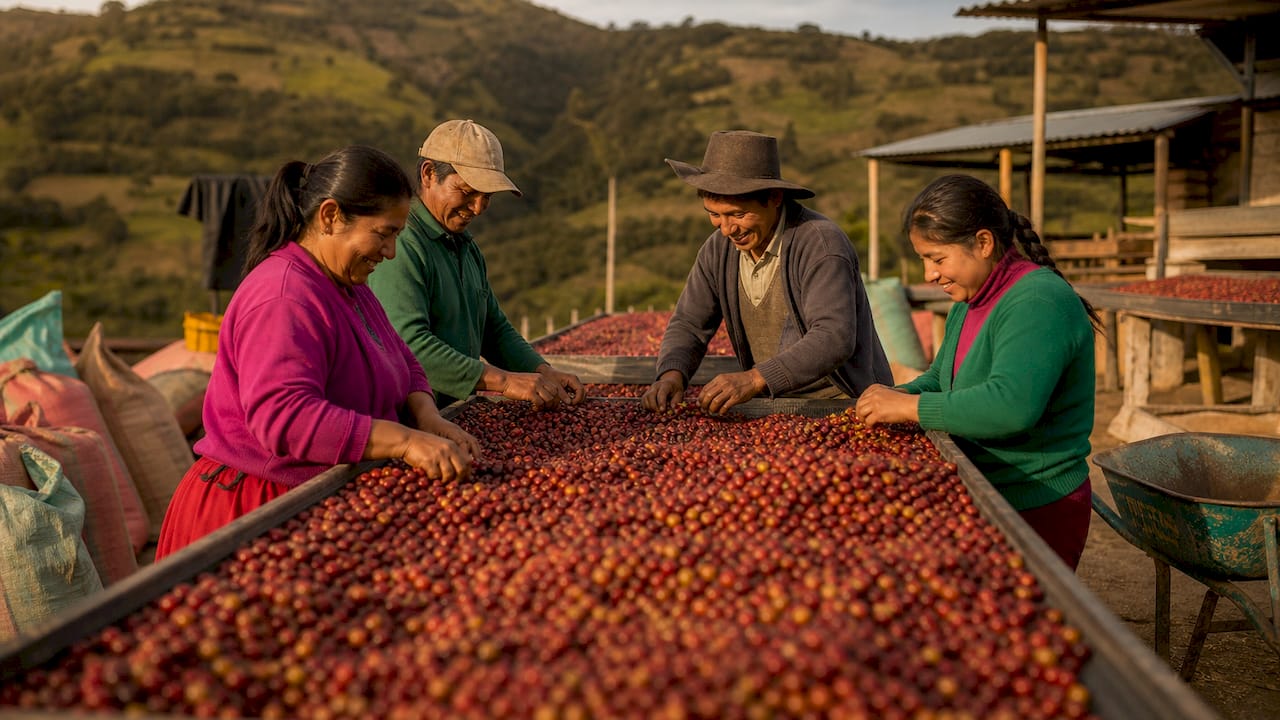 Coffee farm workers sorting cherries outdoors