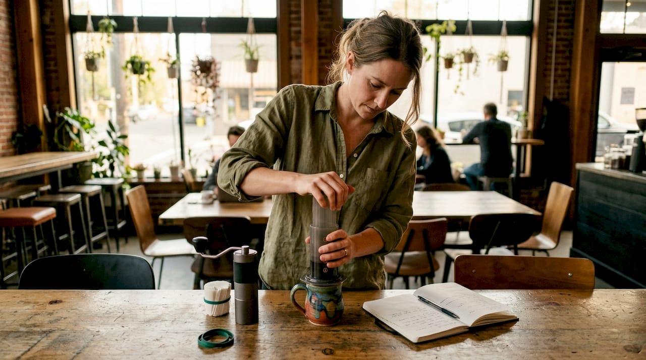 Woman brewing coffee with AeroPress in office pantry