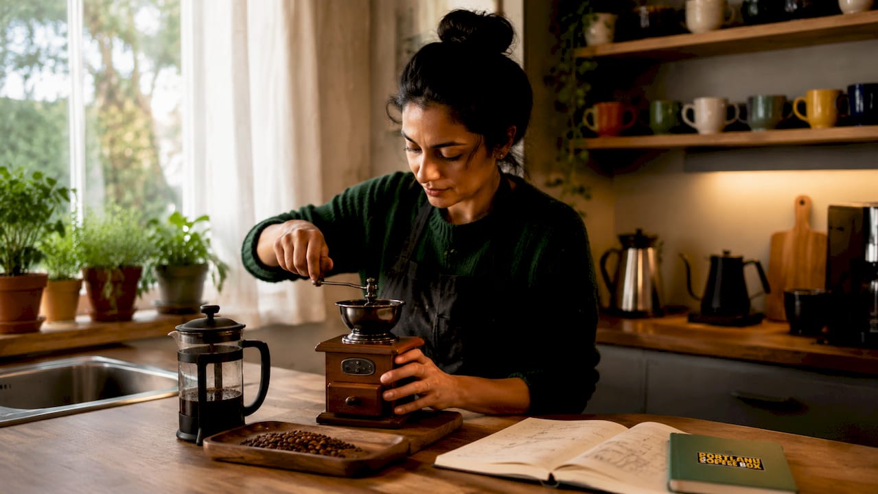 Woman grinding fresh coffee beans at office