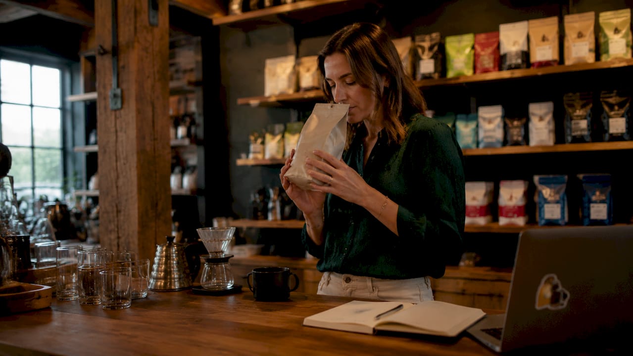 Office manager selecting local roasted coffee
