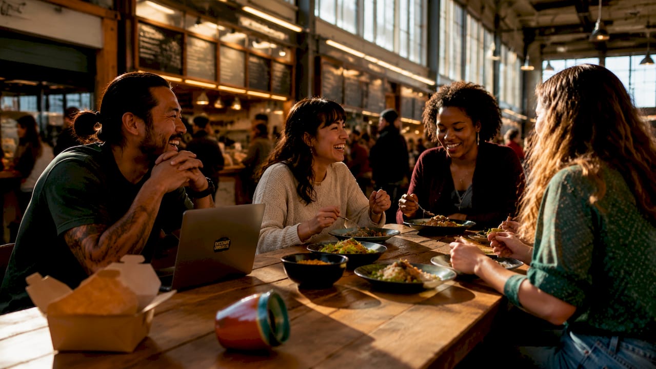 Busy Portland food cart pod with diverse diners