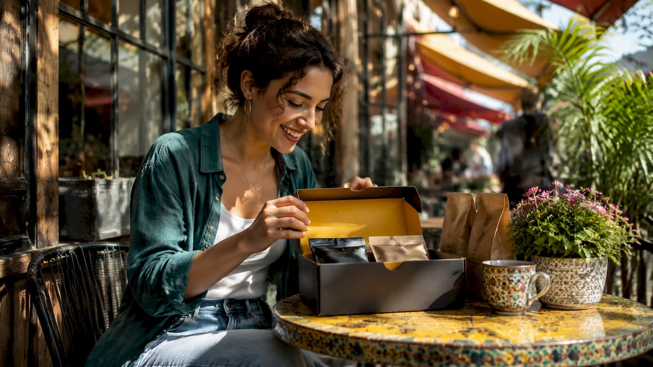 Woman opening coffee subscription gift box