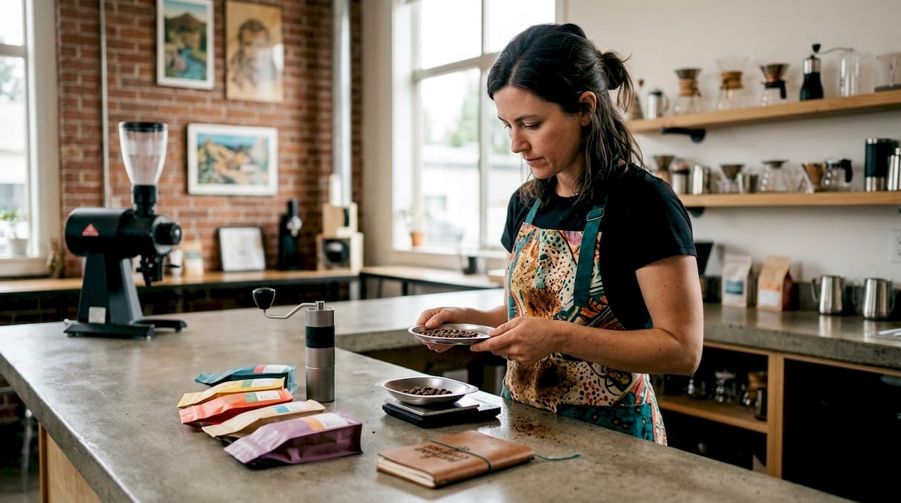 Artisan coffee roaster weighing fresh beans in micro-roastery