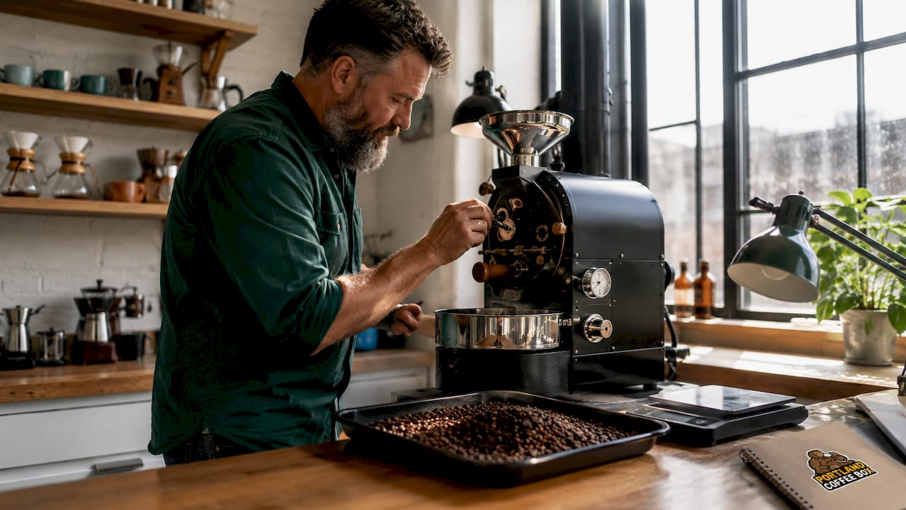 Man monitoring small batch coffee roasting
