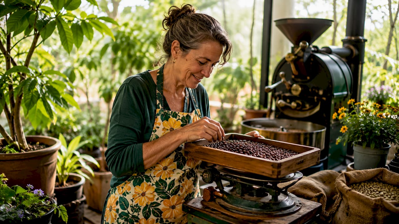 Small coffee roaster owner checking beans