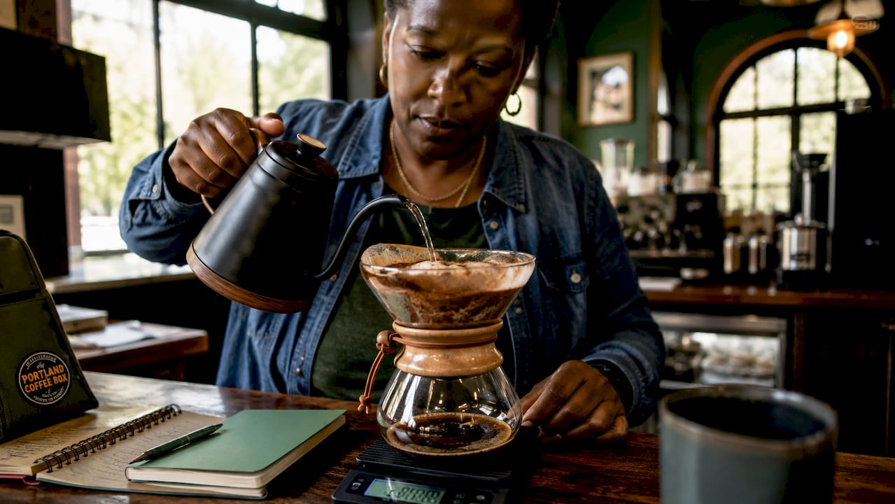 Woman brewing coffee showing fresh coffee bloom