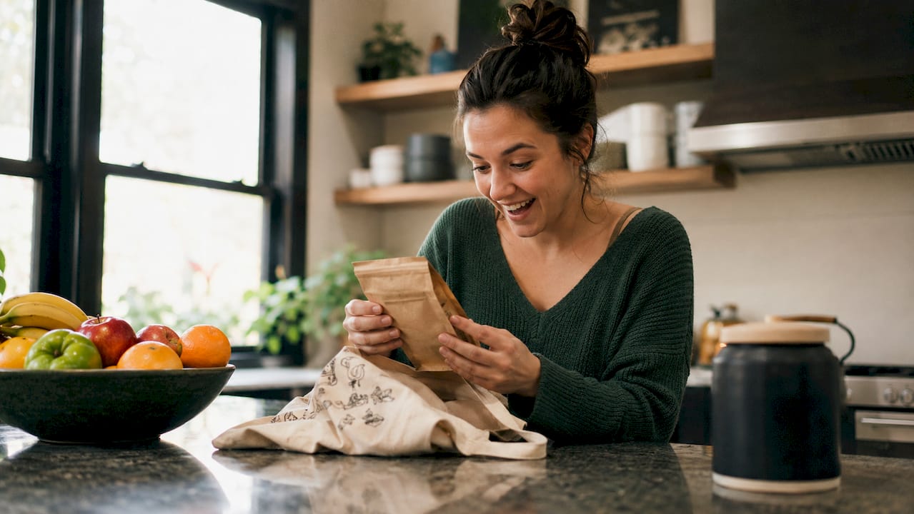 Woman unpacking fresh coffee gift at home