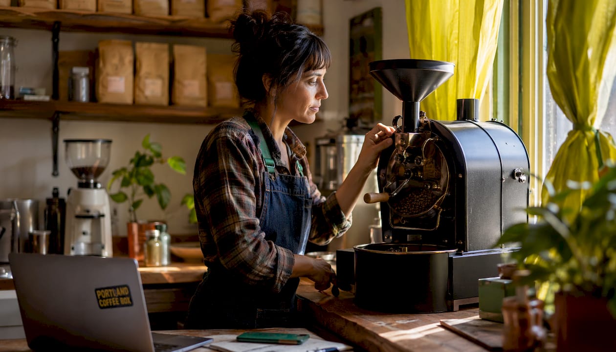 Female artisan roasting coffee in small studio