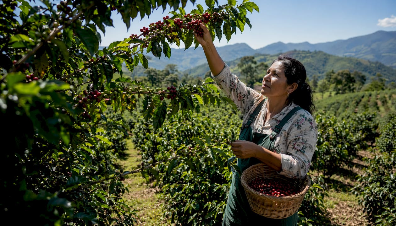 Woman harvesting coffee cherries on farm
