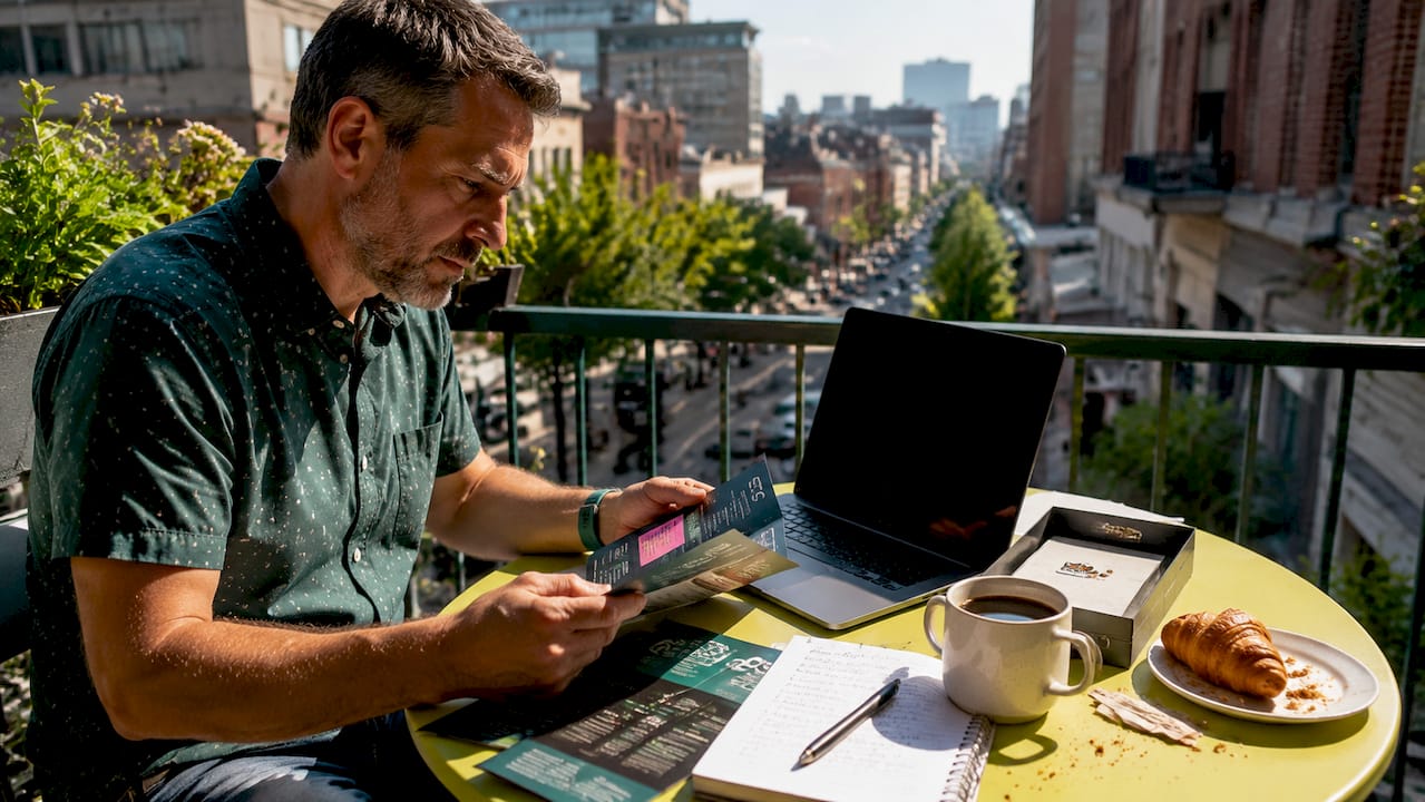 Man reviewing coffee subscription brochures