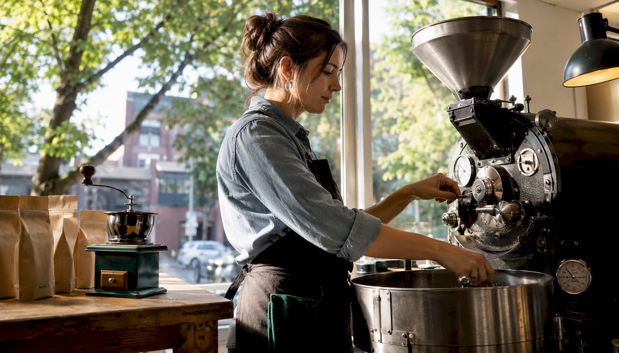 Woman roasting coffee beans in Northwest style