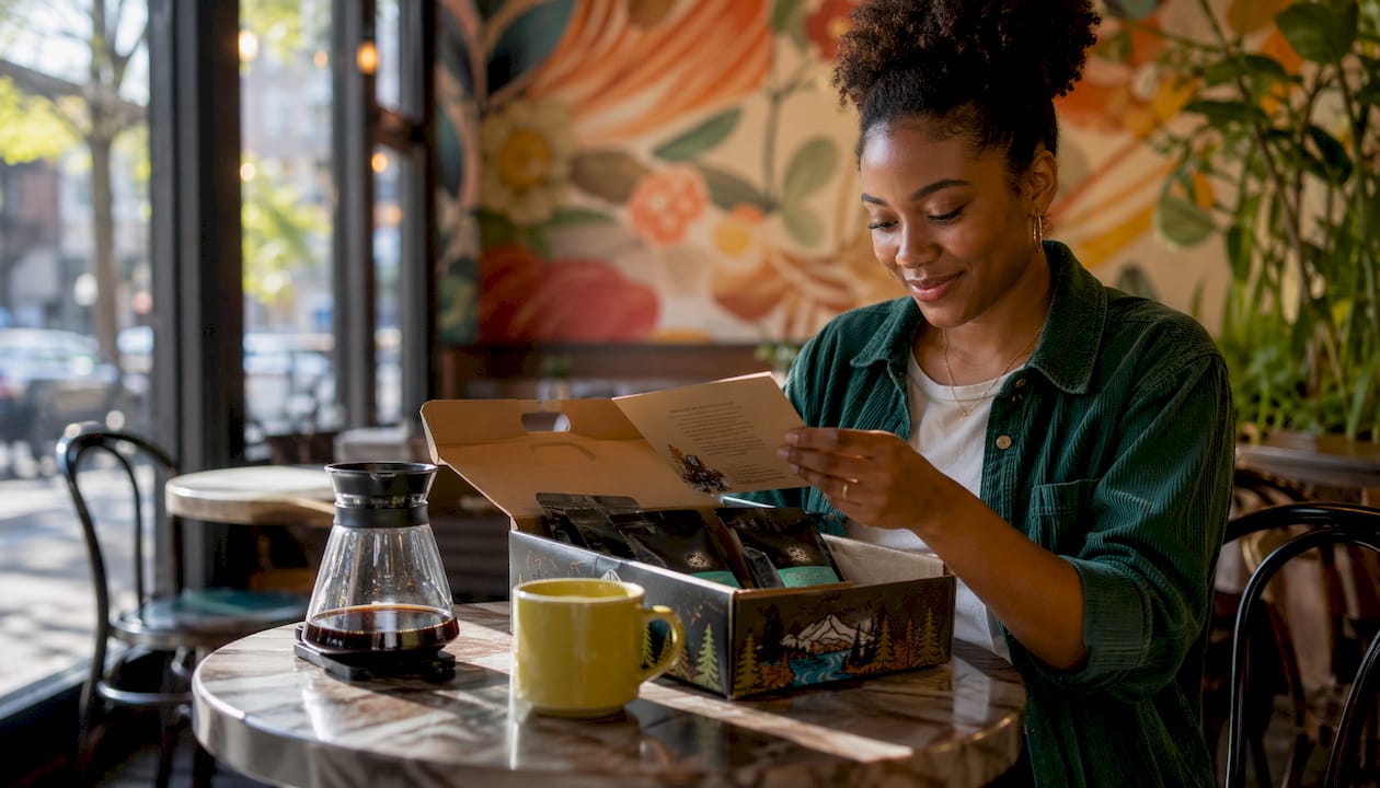 Woman unboxing seasonal coffee subscription at home