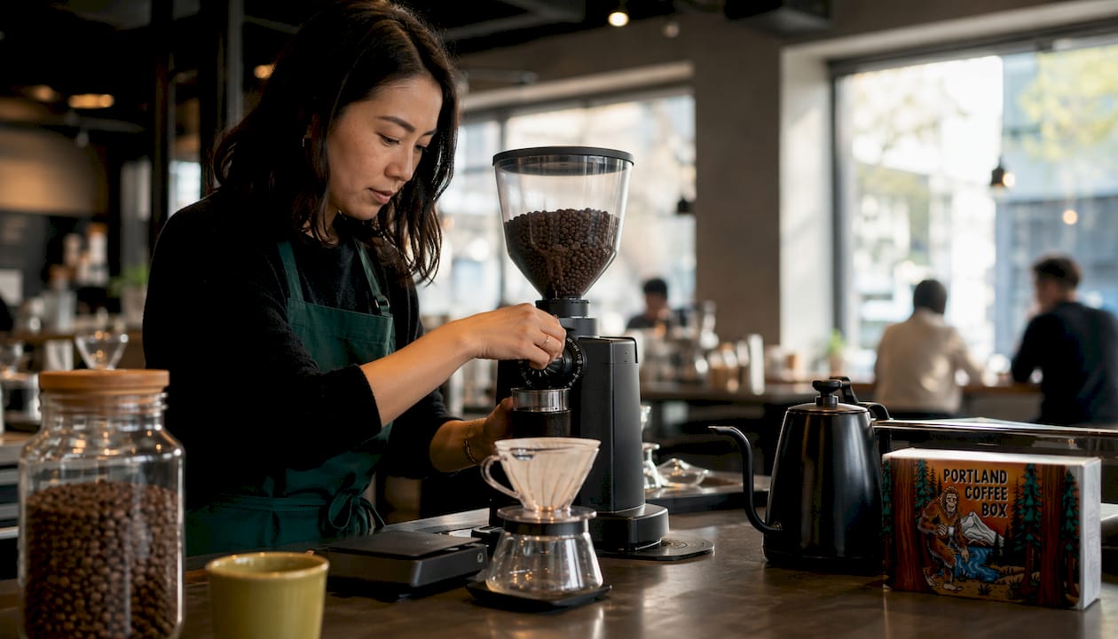 Person adjusting coffee grinder in home kitchen