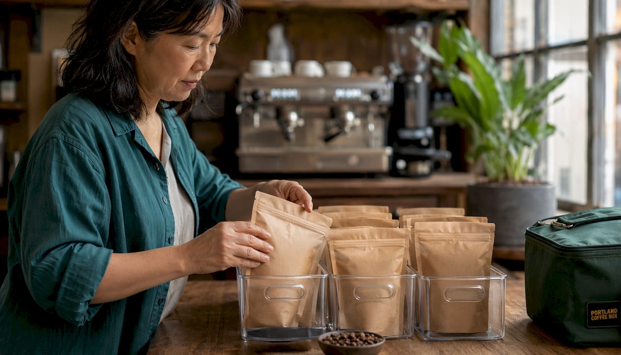 Woman organizing coffee subscription storage containers