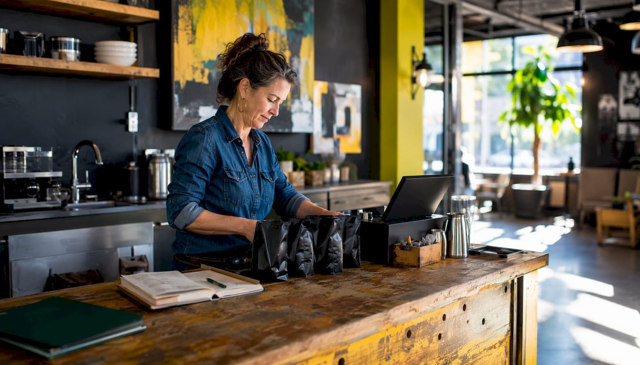 Local coffee shop owner at work arranging counter