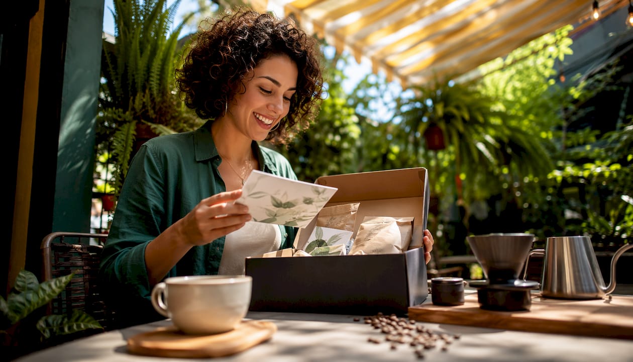 Woman unboxing nature-themed coffee subscription