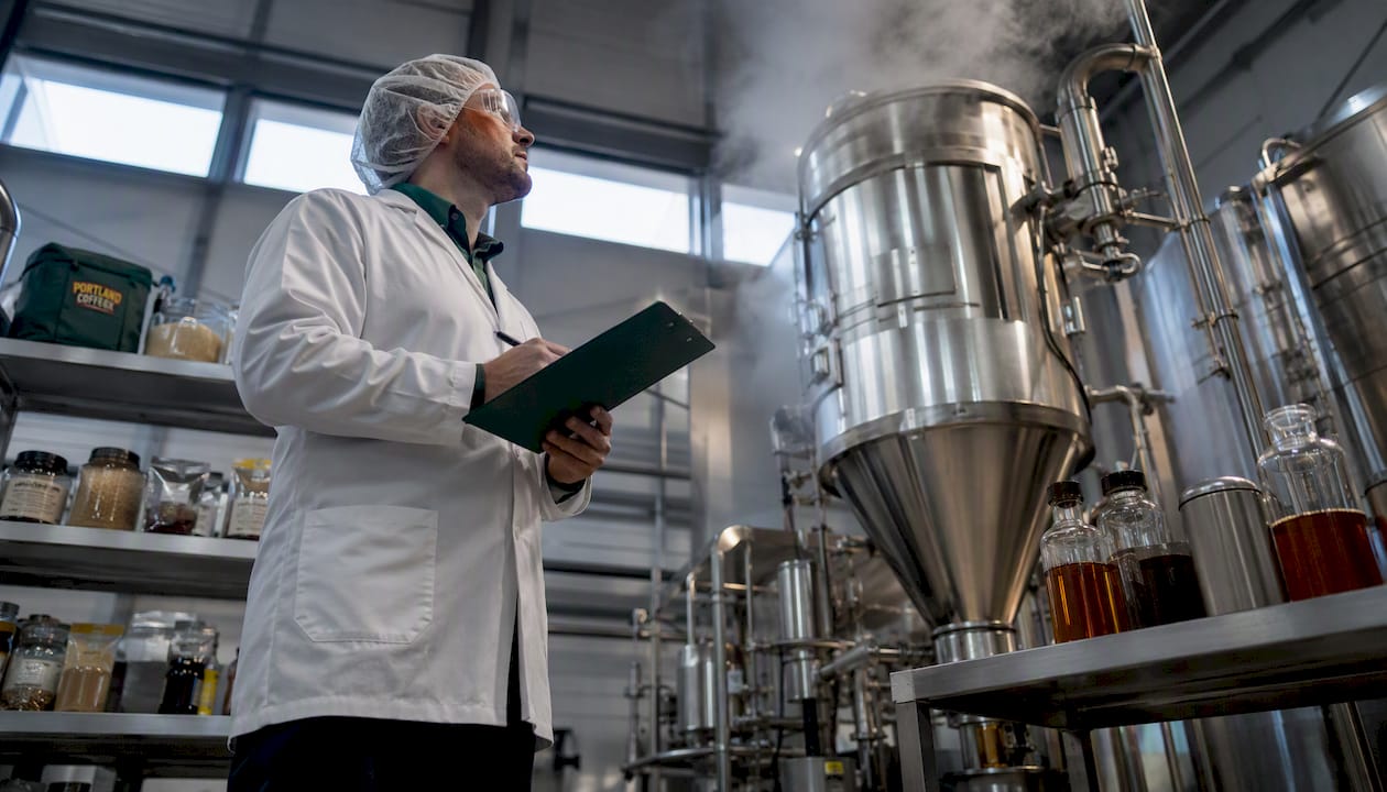 Technician inspecting spray-drying tower in coffee plant