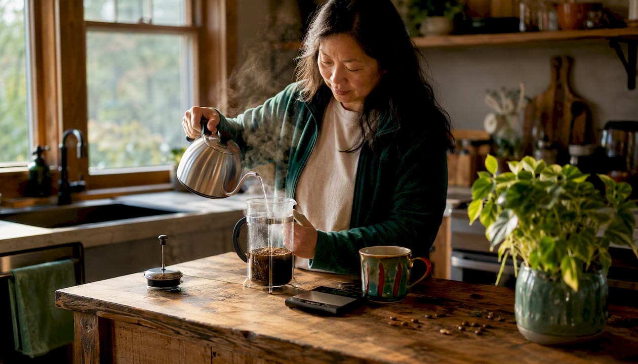 Woman brewing coffee in French press in home kitchen