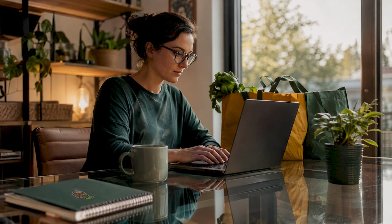 Woman ordering groceries online at home kitchen