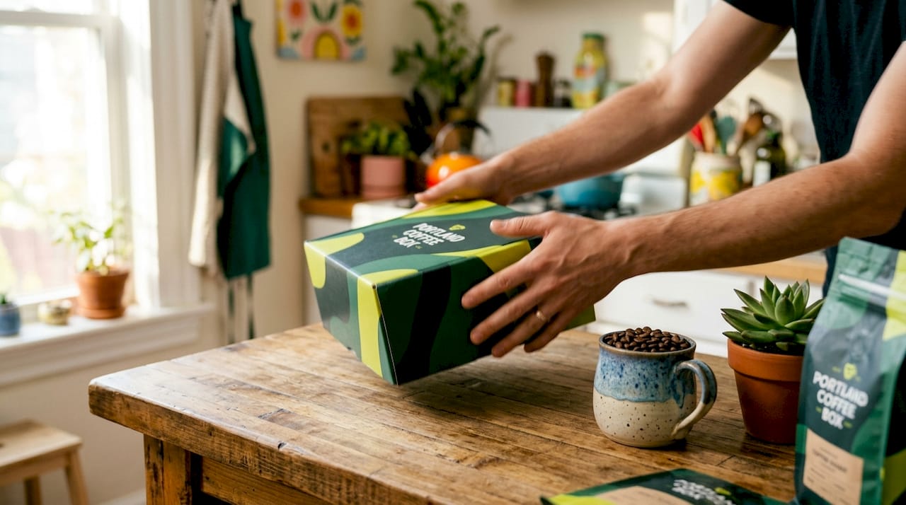 Hands packing coffee bag into subscription box
