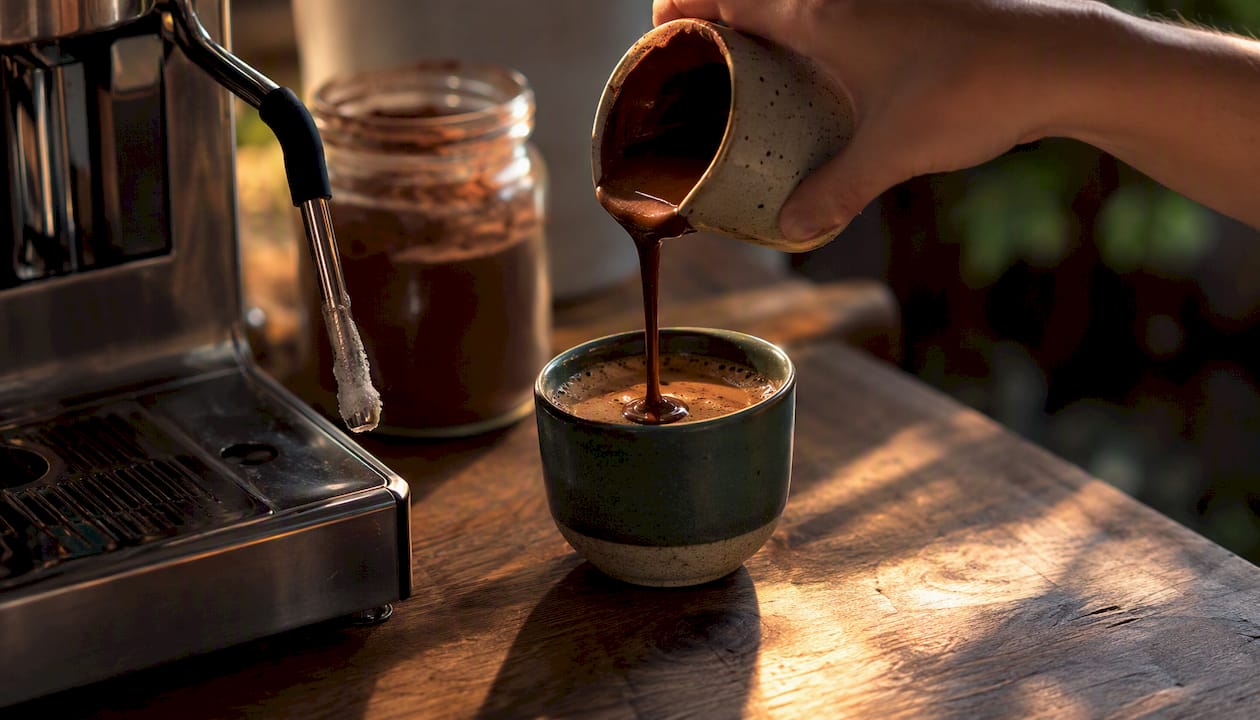 Pouring chocolate syrup into espresso at kitchen counter