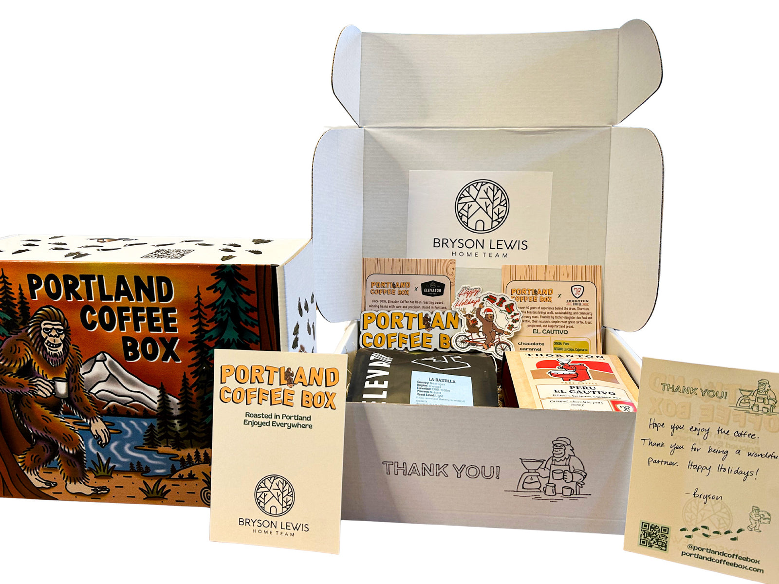 Custom Portland Coffee Box Corporate Coffee Gift for Bryson Lewis Home Team. With Portland Coffee Box Accessories.