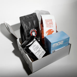 Four Bag Portland Coffee Box featuring Roasted By Mom, Mae Coffee Roasters, and Sauvie Island Coffee.