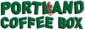 Portland Coffee Box Green Logo with Sasquatch drinkning a cup of coffee
